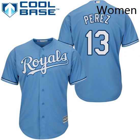 Womens Majestic Kansas City Royals 13 Salvador Perez Authentic Light Blue Alternate 1 Cool Base MLB Jersey